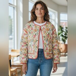 & Merci Quilted Floral Print Jacket Orange Trim Cottagecore Lightweight Coat M